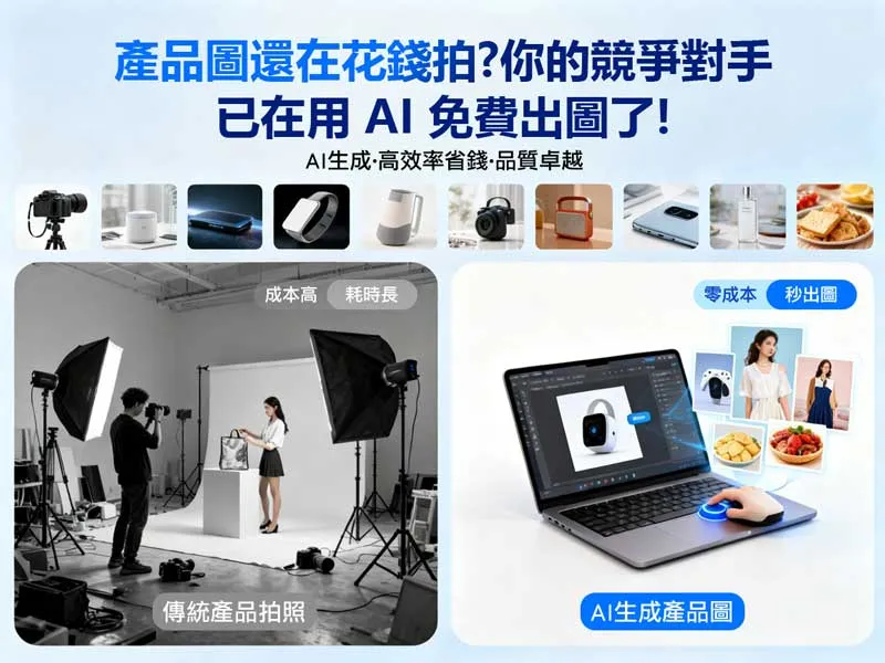 AI 產品攝影前後對比圖 - 展示如何將普通手機照片轉化為高級電商廣告大片